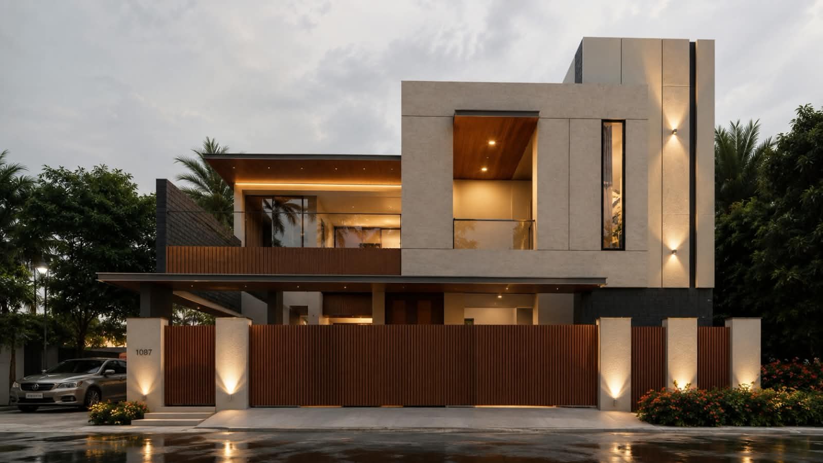 V.S. Residence — modern two-storey home with wooden slat gate, warm lighting at dusk