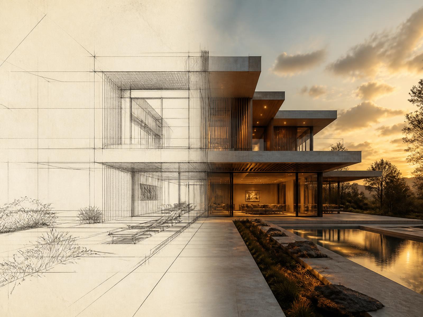 Architectural sketch resolving into a completed residence at dusk